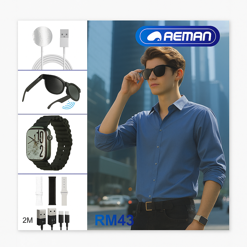RM43 Smart Combo Set – Smartwatch + Sunglasses + Accessories (6-in-1 Kit)